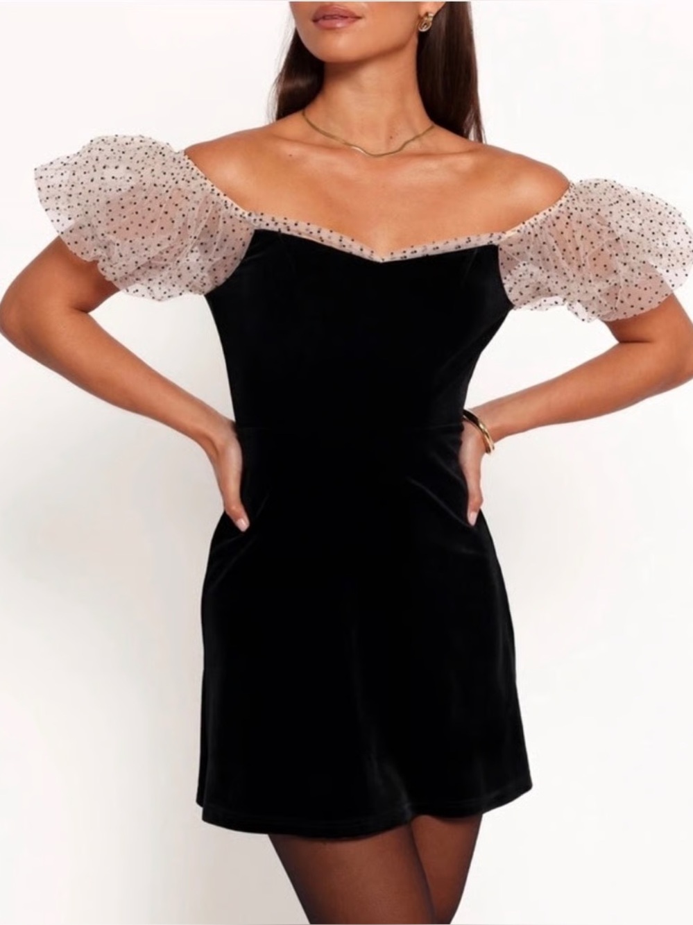 Camila Coehlo Revolve Heirloom Velvet Tulle Puff Sleeve Flocked Dot Dress - Picture 1 of 7